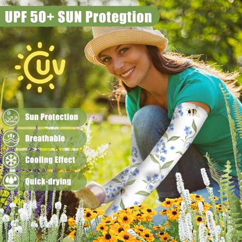 Gardening Sleeves for Women UV Sun Protection with Thumb Hole Anti-Scratch - color: Bee Flower