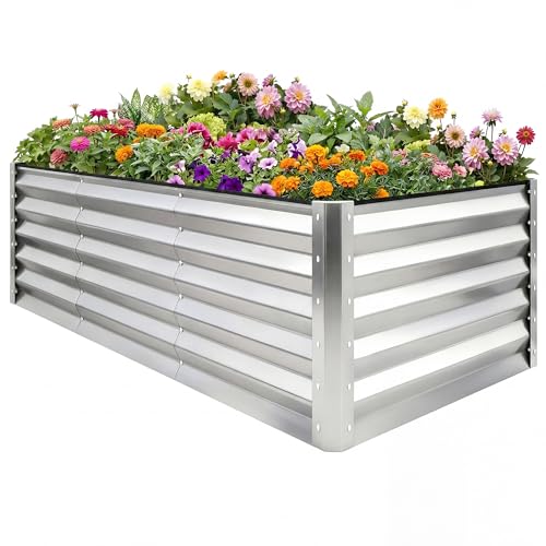 YITAHOME 8x4x3ft Galvanized Raised Garden Bed, Metal Planter Box with Safety Rubber, Gloves, Outdoor Flower Bed for Planting Plants Vegetables, Silver - color: Silver, size: 8x4x3ft