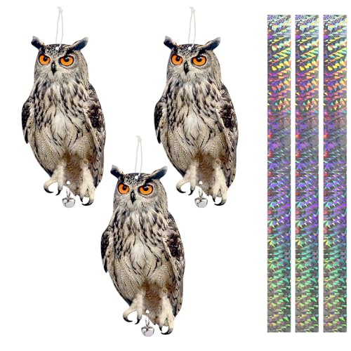 3PCS Hanging Effective Fake Owl Control Device Dual-Side Outdoors Owl with Reflective Tape for Patio Yard Outdoor Front Porch Backyard Windows - color: Gray Owl H2 3pcs, size: 3 Pcs