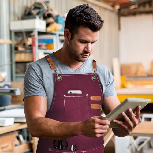 OUNLEN Chef Apron for Men Women Canvas Aprons with 3 Pockets Cross Back Resistant Work Apron for Cooking - color: Cranbrerry Red