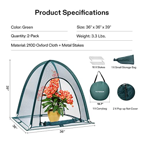 VIVOSUN Garden Netting Cover, 36 x 36 x 39 Inch Pop-up Guard Cover with Zip Entry for Plants, Vegetables, Fruits, Outdoor Run and Enclosure for Small Animals, 2-Pack, Green - size: 36x36x39 inch