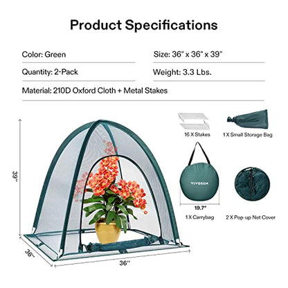 VIVOSUN Garden Netting Cover, 36 x 36 x 39 Inch Pop-up Guard Cover with Zip Entry for Plants, Vegetables, Fruits, Outdoor Run and Enclosure for Small Animals, 2-Pack, Green - size: 36x36x39 inch