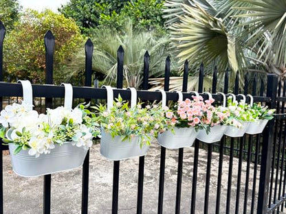 6 Pack 12" Metal Balcony Fence Railing Planters for Outdoor, Oval White - color: Oval-white