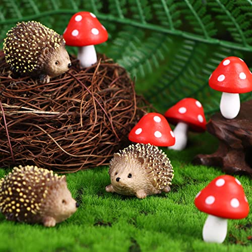 8 Pcs Fairy Wild Garden Accessories Mini Hedgehogs and Mushroom Statue Micro Landscape Plant Pots Bonsai Craft Decor Miniature Mushroom Figurines Hedgehogs Outdoor Mushroom Figurine for Garden