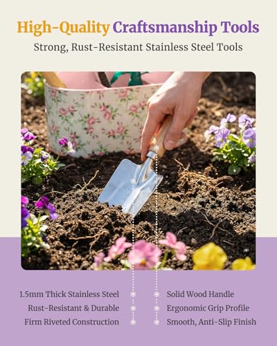 9Pcs Garden Tool Set with Stainless Steel Tools&Metal Basket, Pink - color: Pink