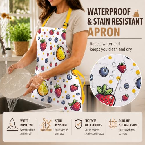 Kosseco Cute Aprons for Women with 1 pocket, Cooking Kitchen Baking Gardening Adjustable Waterproof Aprons for Women - color: Yellow Fruit