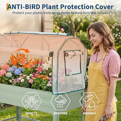 Raised Garden Bed with Cover, Galvanized Metal Elevated Planter Box with Rolling Casters & Extra Bottom Shelf, Raised Planter Box for Backyard, Patio, Balcony, 48x24x56 in, Green