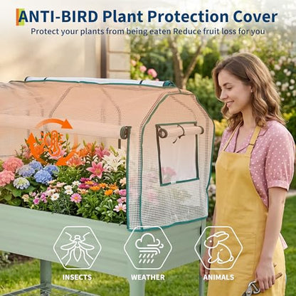 Raised Garden Bed with Cover, Galvanized Metal Elevated Planter Box with Rolling Casters & Extra Bottom Shelf, Raised Planter Box for Backyard, Patio, Balcony, 48x24x56 in, Green