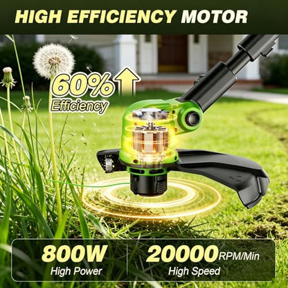 Cordless Weed Wacker with Wheels, 21V Battery Powered Weed Eater with 8 Spools & 2 Batteries, Lightweight Lawn Mower & Adjustable Grass Cutter Tools for Yard, Lawn Care