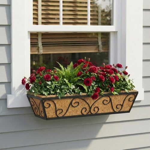 Y&M 24 Inch Window Deck with Coco Liner, Fence Metal Hanging Flower Planter Window Basket Deck Railing Planter Boxes for Outdoor Garden Lawn-Butterfly, 2pcs - size: Butterfly 24in 2p