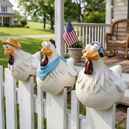 Chicken Fence Decor, Set of 3 Hand-Painted Resin Statues - color: Blue Multi