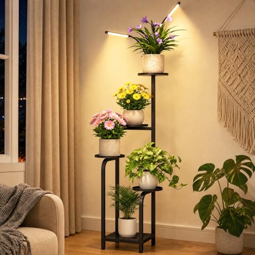 TOSKING Tall 5-Tier Plant Stand Indoor with Adjustable Grow Light, Black - color: Black, size: 5-Tier Square Grow Light