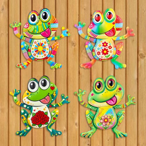 Junware Metal Frog Wall Decor, 4Pcs Frog Iron Wall Art Sculptures Art Frogs Wall Hanging Sculpture Decoration. Outdoor Fence Art for Home Garden, Fence, Patio, Yard, Bedroom Outside Gifts for Adults - color: Frog-G-4Pcs