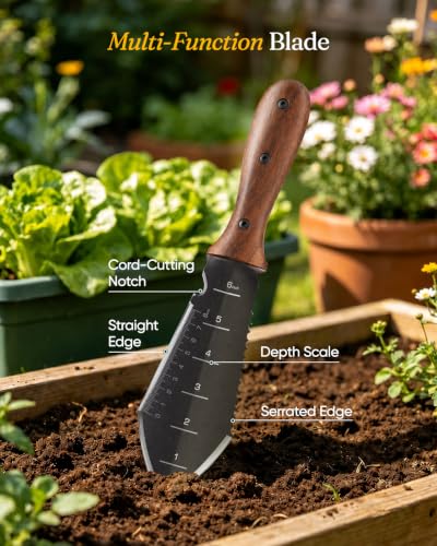 Grenebo Hori Hori Garden Knife, 4mm Thick Extra-Wide Blade Garden Tool - color: Brown