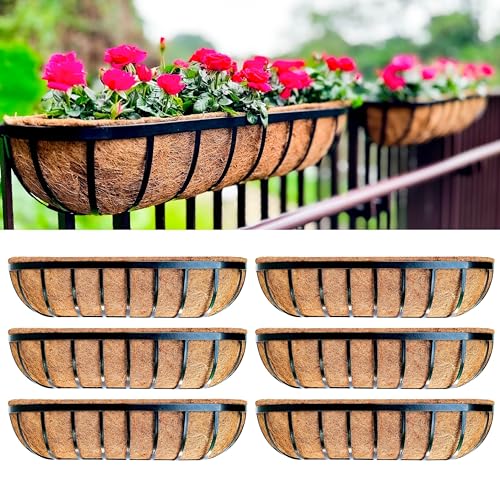 LaLaGreen Outdoor Wall Planter - 6 Pack, 30 Inch Large Metal Basket with Coco Liner, Long Window Flower Box Deck Railings Hanging Horse Trough Balcony Plant Pot Garden Fence Balcony Patio Rail - size: 30" x 6