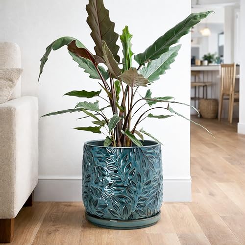 D'vine Dev Embossed Leaves Ceramic Planter, 8 in, Ocean Teal, 27-A-Q-8 - color: Ocean Teal, size: 8 Inch