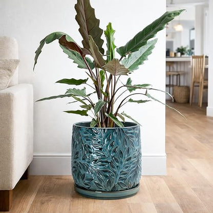 D'vine Dev Embossed Leaves Ceramic Planter, 8 in, Ocean Teal, 27-A-Q-8 - color: Ocean Teal, size: 8 Inch