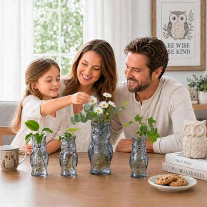 Nacome Owl Plant Propagation Station: Set of 4 Cute Grey Glass Vases - color: Gray