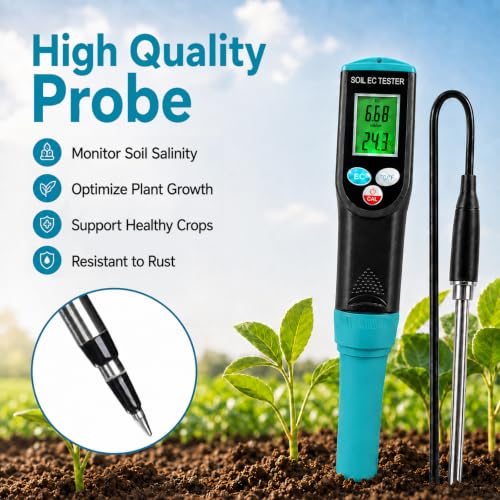 Digital Soil EC Meter 2-in-1 Porfessional Plants EC Temperature Tester Meter with Corded Sensor, Backlight LCD Display, Temperature Compensation, Easy Calibration for Soil Plants Lawn Nutrient Test