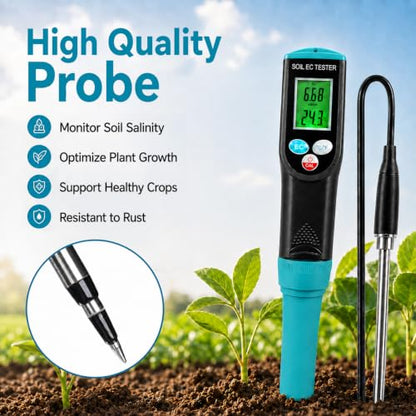 Digital Soil EC Meter 2-in-1 Porfessional Plants EC Temperature Tester Meter with Corded Sensor, Backlight LCD Display, Temperature Compensation, Easy Calibration for Soil Plants Lawn Nutrient Test