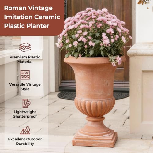 Roman Urn Planter - 24.4"H, Weathered Terracotta Finish (Plastic) - color: Terracotta