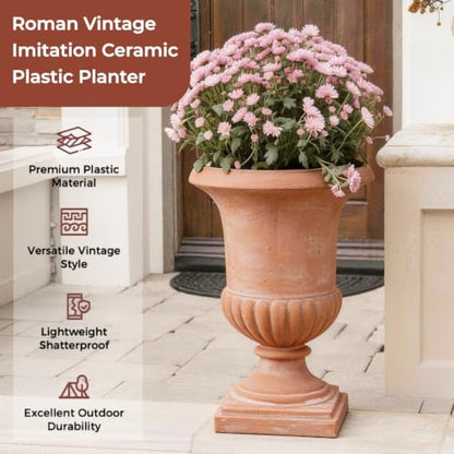 Roman Urn Planter - 24.4"H, Weathered Terracotta Finish (Plastic) - color: Terracotta