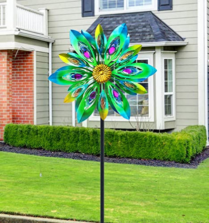 13" Metal Peacock Wind Spinner, Large Wind Sculptures Outdoor - color: C-2 Layer(13")
