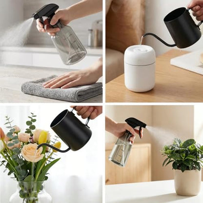 Small Watering Can for Indoor Plants, 12 oz Metal Stainless Steel Plant Watering Pot with Long Spout for House Plants, 17 oz Plastic Plant Mister Spray Bottle for Bonsai Flower Garden