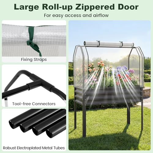 GIANTEX Raised Garden Bed with Legs & Greenhouse Cover, 44x22x60 Elevated Metal Planter Box with Roll-up Door, Outdoor Mini Greenhouse for Vegetable Flower Herb Patio Balcony (Black,1) - color: Black
