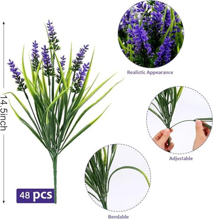 48 Bundles Artificial Lavender Flowers Outdoor UV Resistant, Purple - color: Purple, size: 48PCS