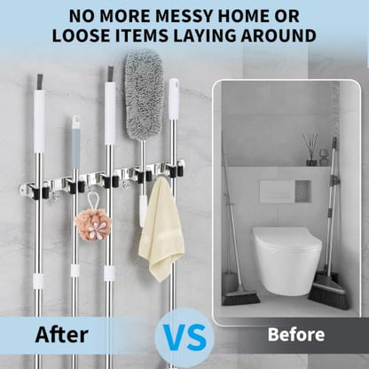 Mop and Broom Hanger Wall Mounted, 5 Racks and 4 Hooks, Storage Organiser (1, Black, 5)