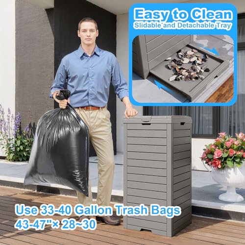 Outdoor Trash Can with Lid, Outdoor Trash Bin & Pull-Out Liquid Drawer, Dual Lid Closure Design, Waterproof Resin Garbage Can Container for Patio, Backyard, Deck (Grey, 38 Gallon)