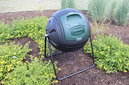 Exaco Ms. Tumbles Round Easy to Turn Compost Tumbler - 35 Gallons, Drain Hose with Cut-Off Valve, Black/Green