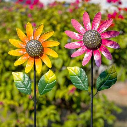 Viveta 2 Pack Sunflower Wind Spinners, Metal Wind Sculptures - color: Pink and Yellow