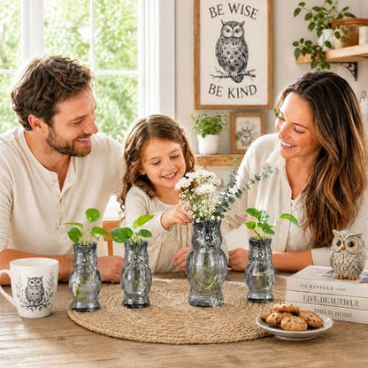 Nacome Owl Plant Propagation Station: Set of 4 Cute Grey Glass Vases - color: Gray