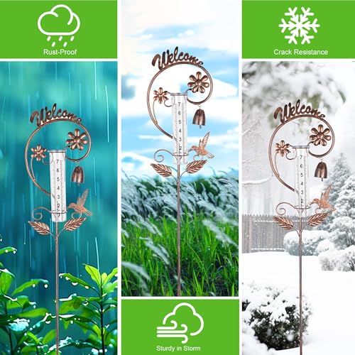 Rain Gauge Outdoor,Hummingbird Rain Gauges with Bell Design,Decorative Large Number Plastic Tube Freeze Proof Metal Rain Measure Water Gauge Welcome Sign for Garden Yard