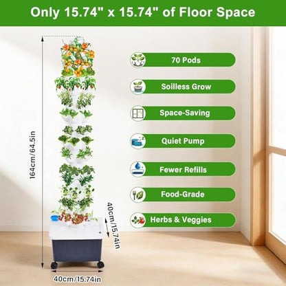 Hydroponic Tower, 14-Layer Hydroponics Growing System Kit with 70 Slots, Vertical Garden System with 20L Water Tank and Pump for Indoor Outdoor Home, Balcony & Patio - size: 70 Pods
