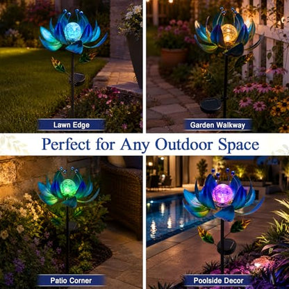 Solar Wind Spinners for Yard and Garden, Color-Changing Metal Lotus Flower - color: Blue