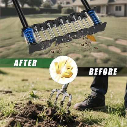 Lawn Aerator Tool,Manual Stainless Steel Spike Aerator Lawn Tool with Spring Base, Automatic Dirt and Leaf Clean Design, Adjustable T-Handle, Soil Loosening, Yard Aerating, Garden Tool Black