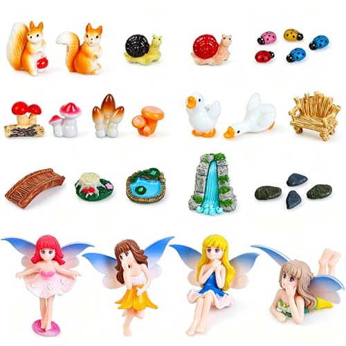 28Pcs Fairy Garden Accessories Miniature Fairy Garden Kit Mushroom Figurines Plants Dollhouse Furniture Set Fairy Animals,for DIY Terrarium Potted Plants Desk Decor Micro Landscape Ornament