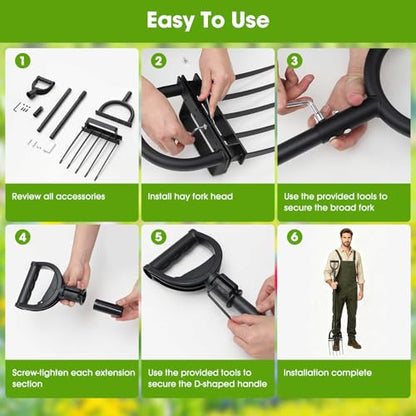Broadfork Garden Tool, 55IN Pitch Fork for Gardening 5-Tine Heavy Duty Garden Fork with Ergonomic D-Grip Handle for Digging Loosening Soil Cultivating Weeding Composting - size: 55 IN Large