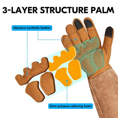 Vgo... Men's Extra-Long Leather Gardening Gloves, Gauntlet with Adjustable Cuff, Puncture & Thorn Proof, Touchscreen (SL6592) - color: 1 Pair - Dark Brown, size: Men's Large