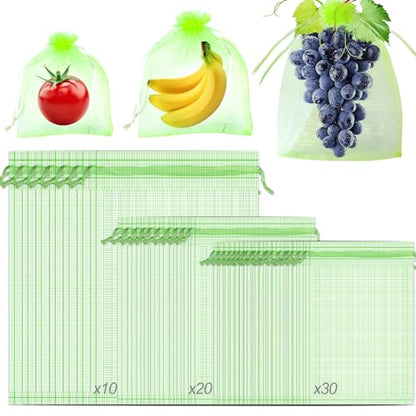 60 Pcs Fruit Protection Netting with Drawstring - Fruit & Veg Net Cover Mesh Bags (Green, 3 Sizes) - color: 60pcs-6''+8''+12''