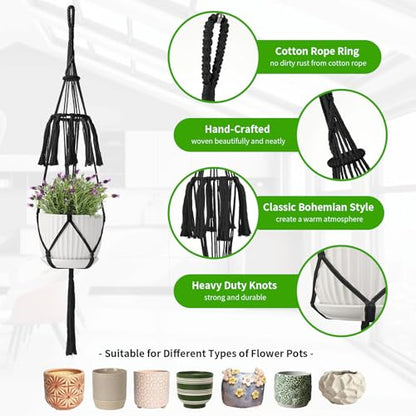Macrame Plant Hangers 5Pack, Handmade Cotton Rope Hanging Planters - color: Black