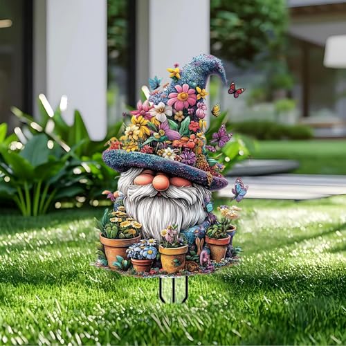 Gnome Garden Stakes Decor Yard Acrylic - 2D Garden Acrylic Sign Decoration, Fantasy Yard Art, Gift for Nature Lovers, for Outdoor & Indoor Flower Pots, Yard, Mini Gardens & Lawn (5.9”x5.9”) - color: E