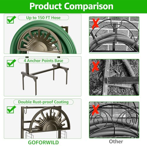 Garden Hose Reel Holder Stand Holds 150ft of 5/8 Hose with 2 Hooks - color: Bronze