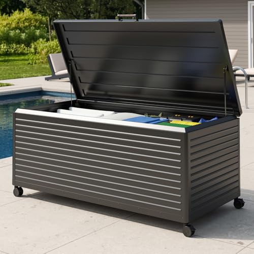 MIRADOR 281 Gallon Outdoor Storage Box with Wheels & Soft-Close Lid, Waterproof Metal Deck Box for Patio Cushions, Garden Tools & Pool Accessories, Charcoal - color: Charcoal, size: 281 Gallon