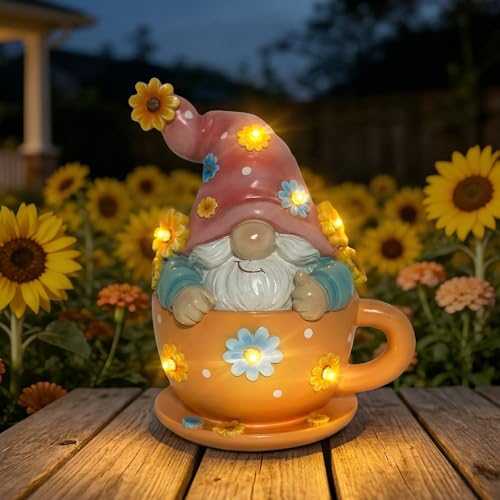 Joint Honglin Outdoor Garden Gnome Statue in Teacup with Sunflower Light - color: Cute Cup Gnome