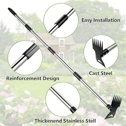 Weed Puller Tool 58" Telescoping, 2-in-1 Adjustable Manual Weeders Garden Hoe & Weed Rake, Long Handle Ergonomic Weeding Tool for Lawn, Garden & Yard Includes Work Gloves