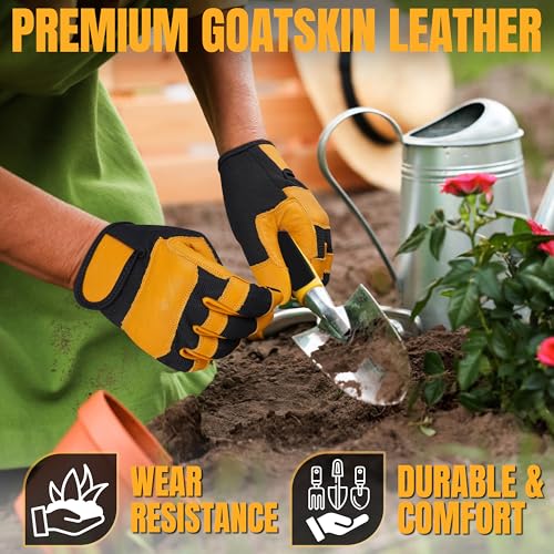 HADIZ Leather Gardening & Working Gloves Men & Women Rose Pruning Breathable Thorn Proof & Garden Tweezer Set - size: Medium